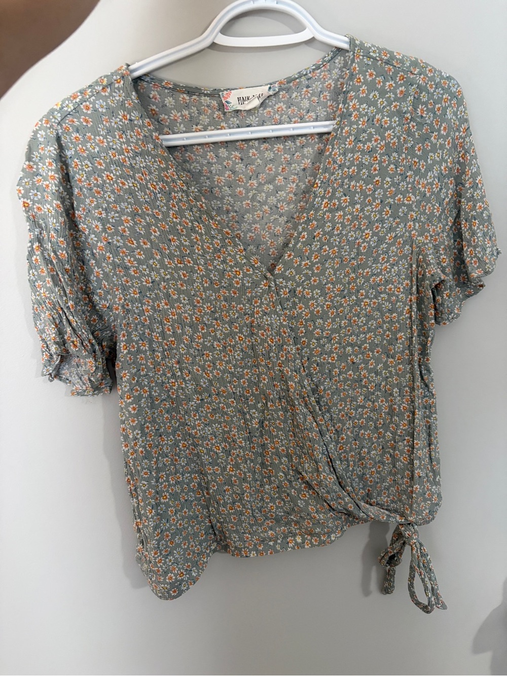 Pink Rose Sage Green Floral Tie-Waist V-Neck Blouse